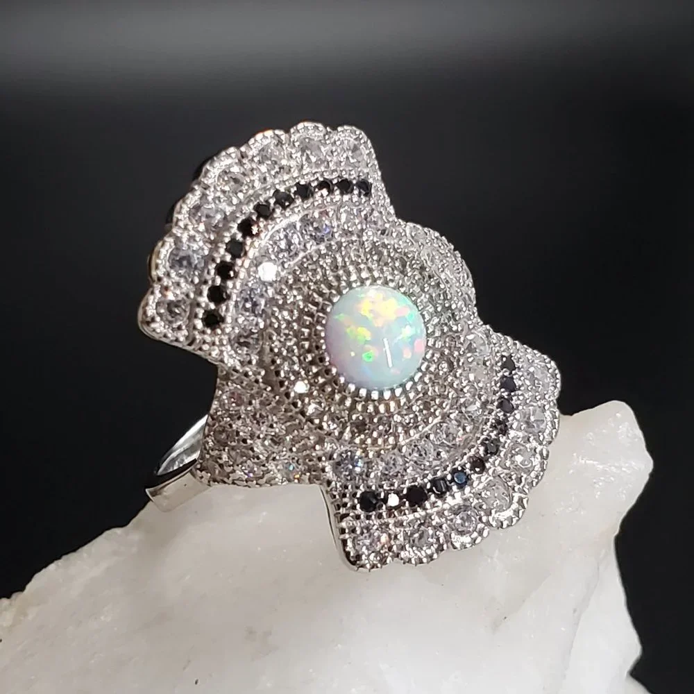 Sterling 925 Silver Ring Natural Opal Jewelry Black White Topaz Crystal